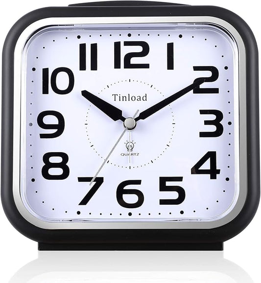 Tinload 5.5" Large Analog Alarm Clock Silent Non Ticking, Gentle Wake, Beep Sounds, Increasing Volume, Battery Operated Snooze and Manual Light, Easy Set, Black (Best for Elder)