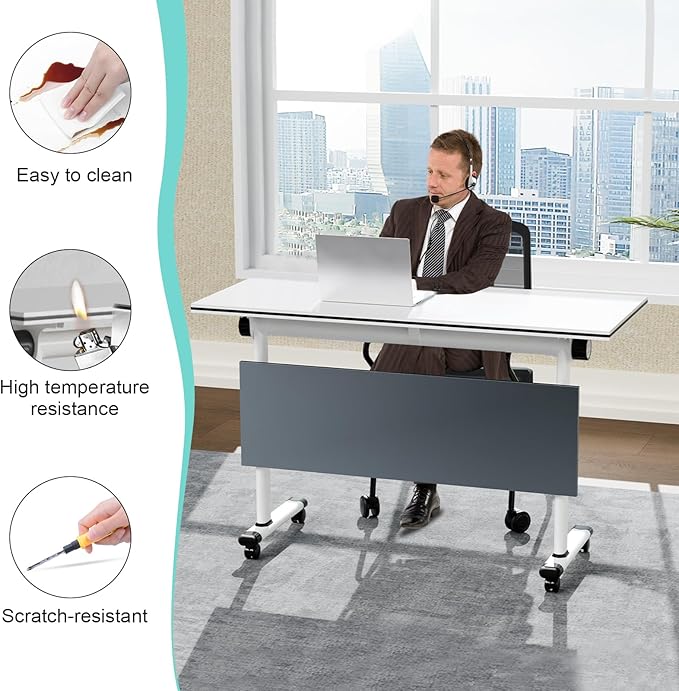 Conference Table,55.1''Folding Conference Room Table for 4-12 People,Mobile Flip Top MeetingTraining Table with Different Coulor and Styles for Offices, Classrooms,Meeting Room (6, 61''B)