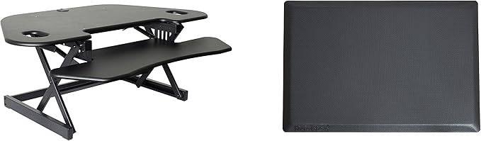 Rocelco 46" Height Adjustable Corner Standing Desk Converter with Anti Fatigue Mat BUNDLE, Quick Sit Standup Dual Monitor Riser, Computer Workstation-Keyboard Tray, (R CADRB-46-MAFM), Black