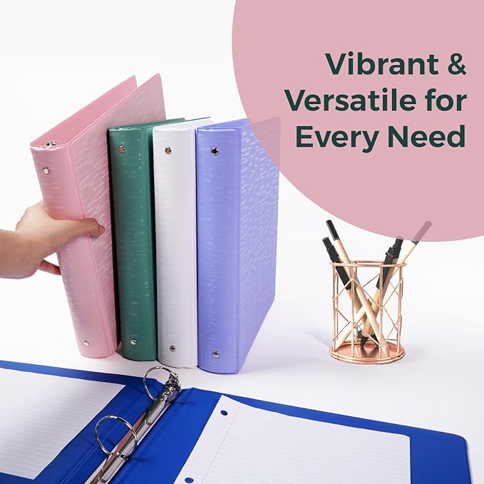 POPRUN 3 Ring Binder 1 Inch, PVC-Free, Holds 175 Sheets of 8.5 x 11 Paper, Extra Durable Organizer with 2 Pockets for School & Office, Heavy-Duty, 2 Pack, White