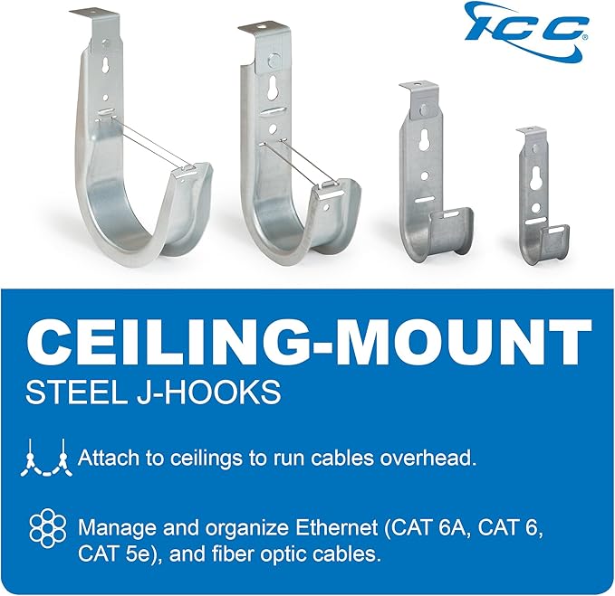 ICC Ceiling Mount J Hook 2” with Retainer Clip - Galvanized Steel Cable Management Hooks for Hanging Cable - Rust-Resistant, EIA and TIA Compliant - 2 Inch 25-Pack