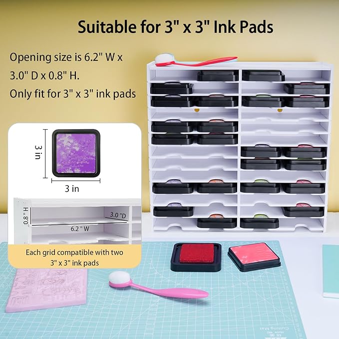Krafetto 26 Grids Ink Pad Storage Rack, Wall-mountable Stamp Pad Organizer Holder Compatible with 3" x 3" Ink Pads（Grid Size 6.2" W × 3" D × 0.8" H）