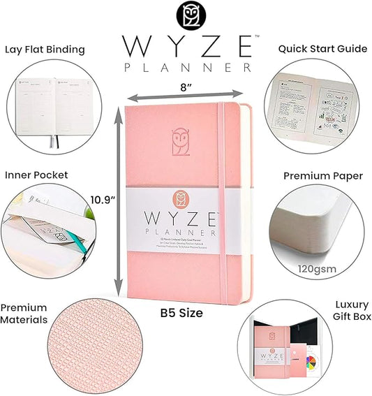 Wyze Planner Undated Daily Planner – 1-Year B5 Productivity Organizer with Two-Page Weekly Spread, Goal Setting, Habit Tracker, Weekly & Monthly Pages – Hardcover Time Management Notebook (Pink)