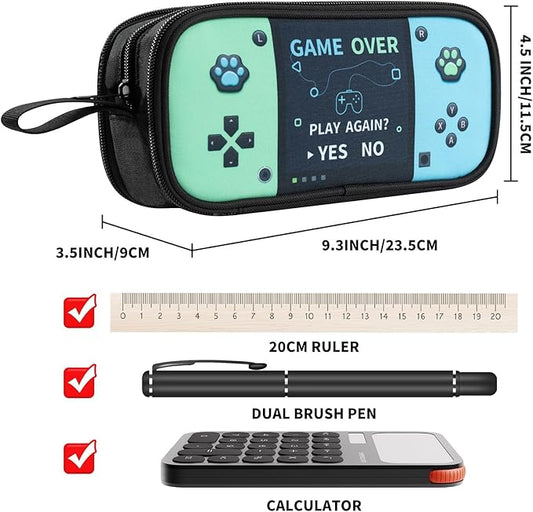 Easozoom Large Game Controller Pencil Case for Teen Boy Kid Capacity Pen Box Pouch Organizer Holder Bag with 3 Compartments & Zipper School College Office Supplies (1PCS Pencil Case) (Blue&Green)