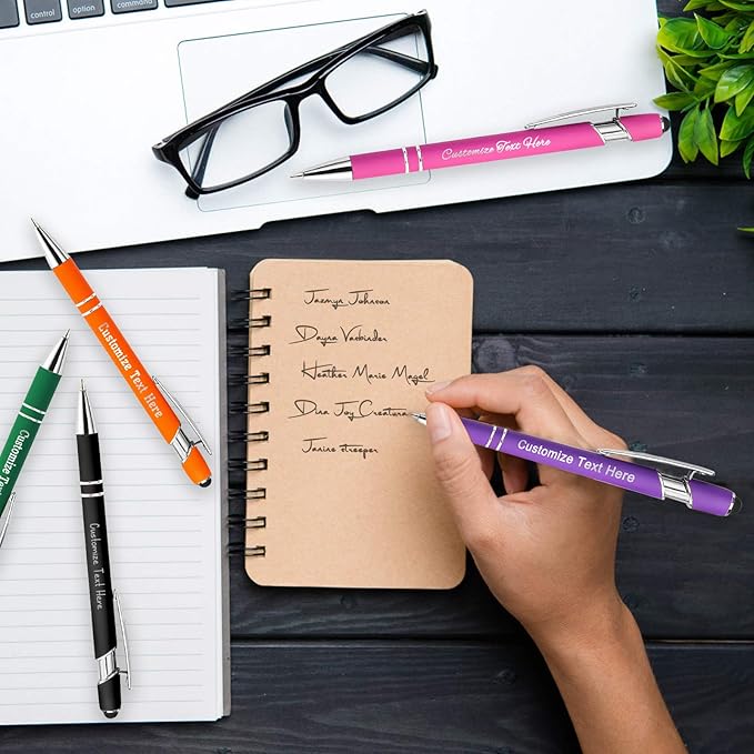 Custom Pens Bulk Personalized Ballpoint Pen with Stylus Tip Customized Engraved Pens with Name Logo Soft Black Ink with Touch Metal Office for Business Office Teacher School Corporate Gifts Orange
