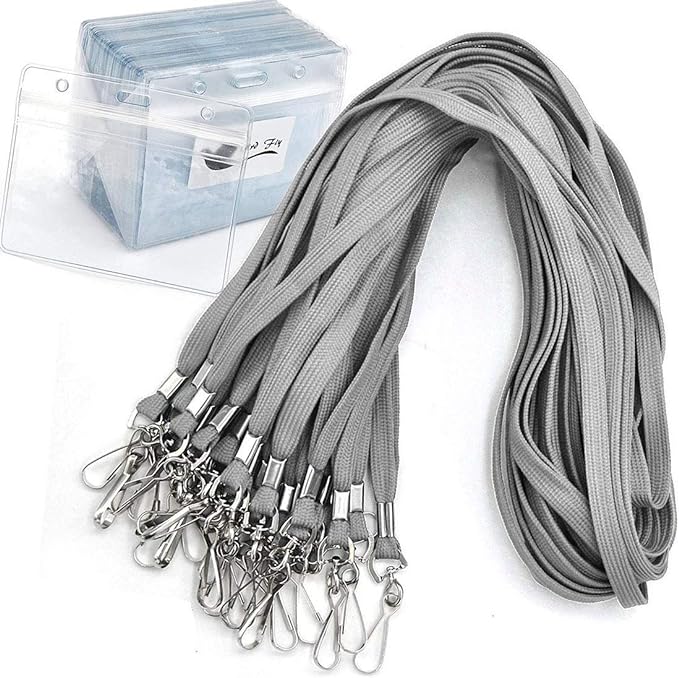 Name Tags Gray Lanyards/Badge Holder Pairs Woven Round Lanyard & Horizontal Sealable Waterproof Clear Plastic ID Card Lanyards with id Holder Name Badges (Gray, 50 Pack)