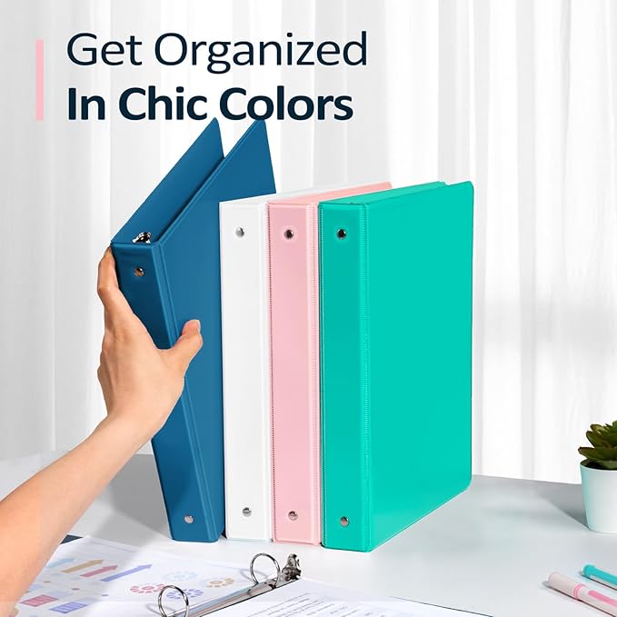 BinderX Extra Durable 3 Ring Binder, Round Rings 1 Inch Binder, Fits 175 Sheets of 8.5x11 Paper, Customizable View Cover with Inside Pockets, Cute 1" Binders, 1 Inch Binders 3 Ring, Aqua Blue