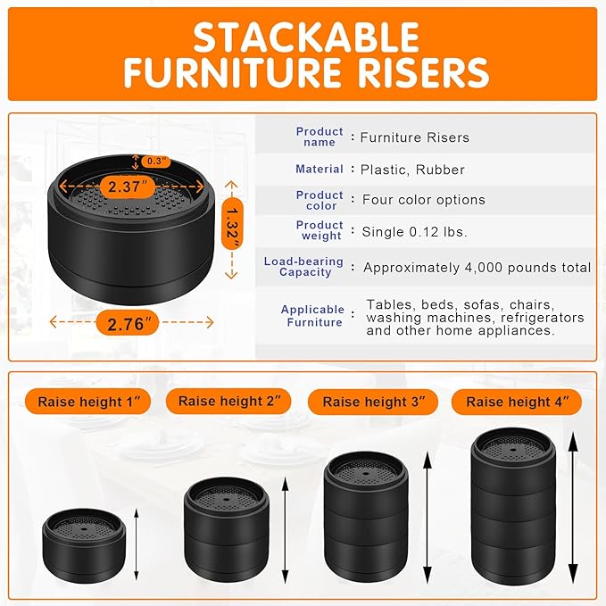 Furniture Risers Bed Risers Heavy Duty 1 inch, 2 inch, 3 inch, 4 inch Round Adjustable Bed Lifts Riser for Desk Legs Table Couch Sofa Chair Refrigerator Washing Machine (1 Inch, Black, 32 Pack )