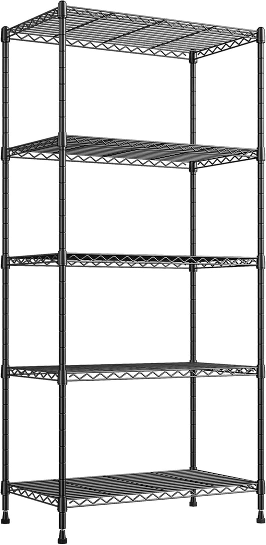REIBII 5 Tier Storage Shelves Adjustable Wire Rack Shelving, Kitchen Shelves 13.4" D x 23.2" W x 60" H Strong Metal Shelves for Restaurant Garage Pantry，Black
