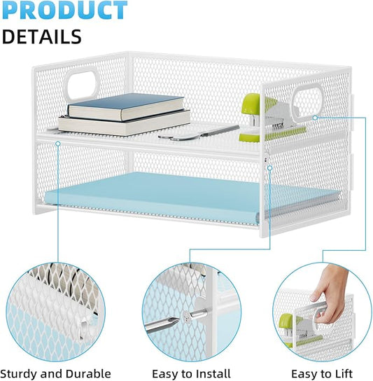 Marbrasse 2 Tier Paper Organizer Letter Tray, Mesh File Organizer with Handle, Paper Sorter Desk Organizer for Home Office Supplies - White