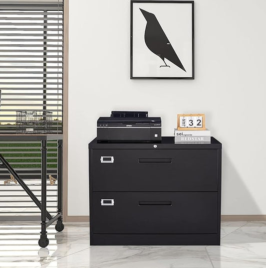 MIIIKO Lateral File Cabinet 2 Drawer, Black Metal File Cabinet with Lock, 35.4" Wide Drawers Storage File Cabinet for Hanging Files Folders Letter/Legal/A4 Size