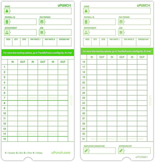 uPunch Time Clock Cards Hn3000, Two Sides, 7.37 X 3.37, 50/Pack