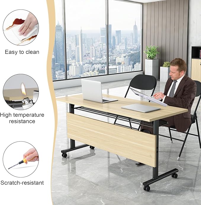 Conference Table,55.1''Folding Conference Room Table for 4-12 People,Mobile Flip Top MeetingTraining Table with Different Coulor and Styles for Offices, Classrooms,Meeting Room (8, 61''G)