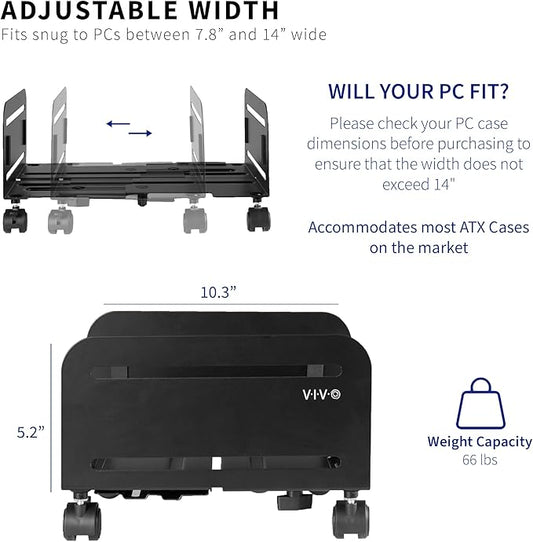 VIVO Large Computer Tower Desktop ATX-Case, CPU Steel Rolling Stand, 7.8 to 14 inch Wide Adjustable Mobile Cart Holder with Locking Caster Wheels, Gaming PC Holder, Black, CART-PC01L