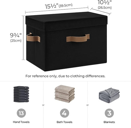 StorageWorks Fabric Storage Bins with Lid, Decorative Storage Boxes for Shelves, Stackable Closet Organizer Basket with Handles, Large, Black, 2-Pack