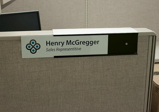 Quality Aluminum, Changeable Cubicle Nameplate Holder, Satin Silver Base, and Matte Black Name Plate Holder, Guaranteed Not to Crack (2.5" Depth)
