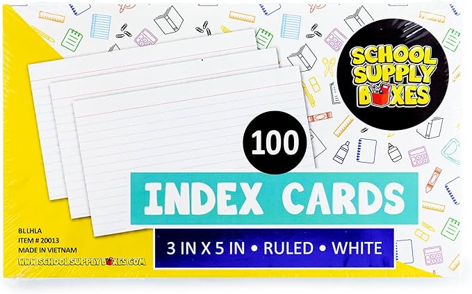 School Supply Boxes | 3x5 White Index Cards (100 ct.) | 100 Pack | Lined in Front, Blank in Back