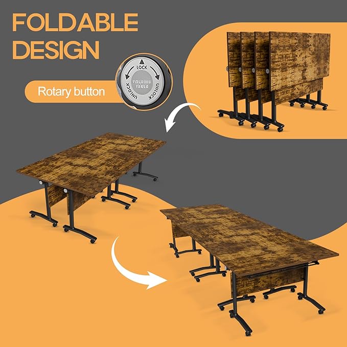 Folding Conference Table 4ft 5ft, Foldable Office Meeting Desk for 6 People, Multiple Sizes Colors Mobile Conference Room Table for Training Room School Business Furniture (2, Brown, 55in)