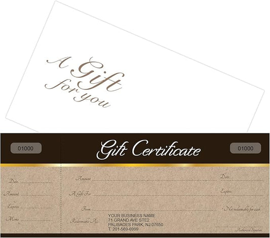 IMPACTONLINEPRINTING Custom Gift Certificates Cards with Envelopes 100 set - Sephia on kraft backgound image - Gift Certificates for Small Business