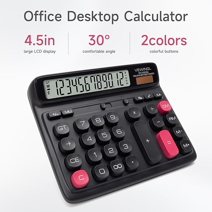 VEWINGL Desktop Calculator, 12-Digit Large LCD Display, Big Computer-Style Keys, Dual Power (Solar & Battery), Auto Sleep Mode, for Office, School, Home & Business 7.5″ x 6.1″ (Black, L)