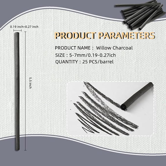 Trzzyan 25 PCS Willow Charcoal Sticks, Ideal for Artists, Beginners, Students, Perfect for Sketching, Drawing, Shading, and Fine Art, 5.7 Inches Long, 2-4,4-5,5-7,7-9 (5-7)