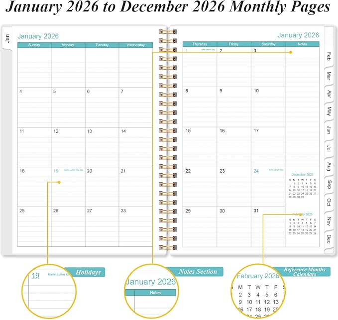 2026 Planner - Planner 2026 from January 2026 - December 2026, Weekly & Monthly Planner Spiral Bound with 12 Monthly Tabs, Inner Pocket, 6.4" x 8.5", Blue Flower