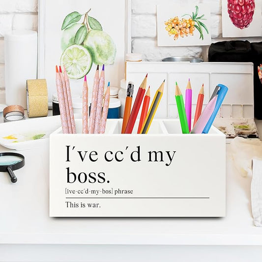 XPH Funny Office Pen Pencil Holder Organizer for Desk, Coworker Gifts for Women Men, I've Cc'd My Boss Funny Wooden Box Sign for Home Office Workplace Desk Tabletop Decorations