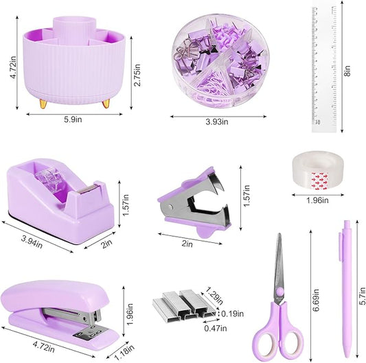Gawsey Desk Organizers and Accessories Set with 360-Degree Rotating Pen Holder, Tape Dispenser, Stapler, Staple Remover, 1000 Staples, Tape, Clips Set, Ruler, Scissor, Pen