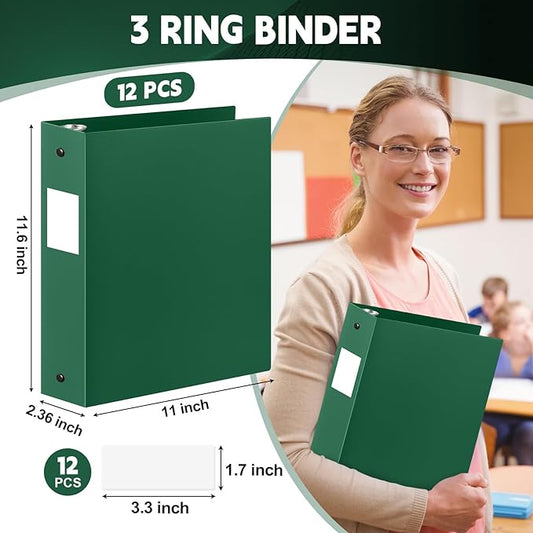 Henoyso 12 Pcs 3 Ring Binder 2 Inch Round Fits Letter Size 8.5'' x 11'' Paper Plastic Flexible Binder Bulk Holds 490 Sheets with 1 Pockets Versatile Organizer for Home Office School (Dark Green)