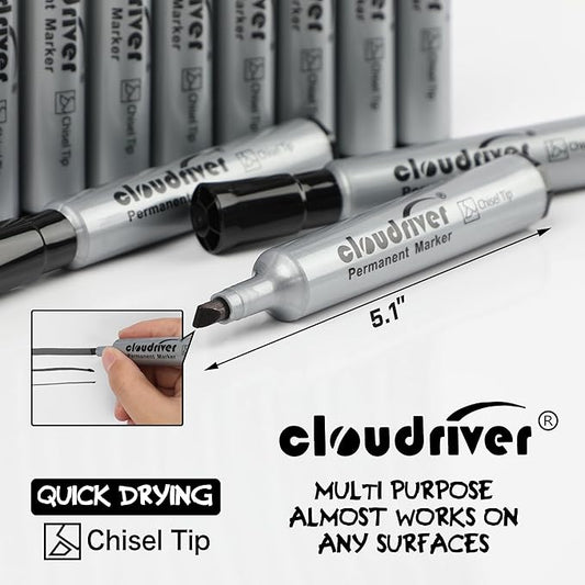 cloudriver Permanent Markers 96 Count, Black Permanent Marker Bulk Set, Chisel Tip, Premium Smear Proof Markers, Quick Drying Ink, Waterproof, Office Supplies for School, Office, Home