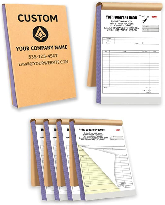Custom Carbonless Invoice Book with Logo, Personalized Cover & Inner Pages, 2 Part NCR Receipt & Work Order Forms, Easy Tear, Writing Shield for Small Business (2-Part [White/Yellow], 8.3 x 5.5INCH)