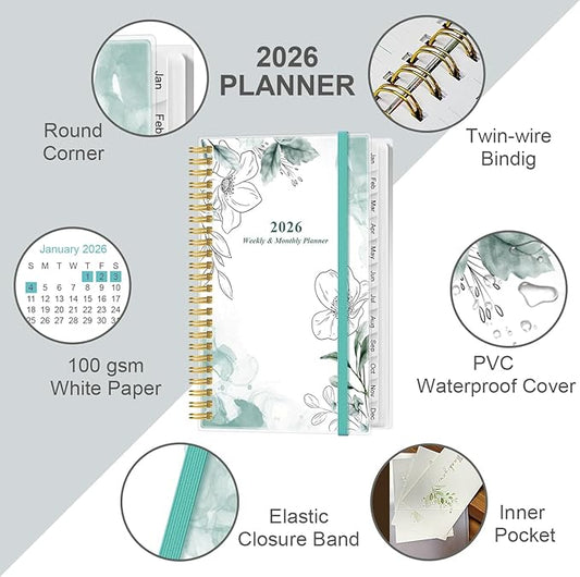 2026 Pocket Planner/Calendar - 2026 Planner from January 2026 - December 2026, Planner 2026 with 12 Tabs, Twin-Wire Binding, Inner Pocket, 3.75" x 6.75, Teal Flowers