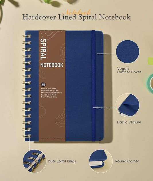 Office Prime Graph Spiral Notebook — A5, 5.75×8.38 in, 150 Pages, Navy Blue