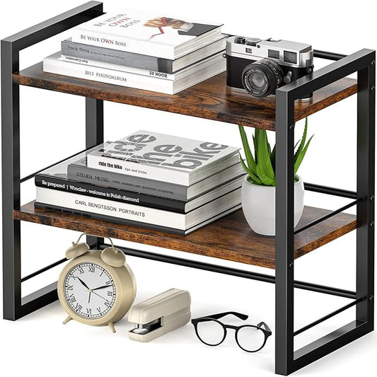 ART-GIFTREE Office Desk Shelf Organizer, Wood Desktop Bookshelf Supplies Storage Rack, Shelf for Top of Desk and Dresser (Brown-2 Tier)