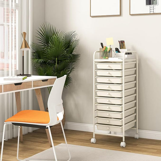 Giantex 10-Drawer Storage Cart w/Universal Wheel, Rolling Cart w/Handle, Home Organizer Storage Unit w/Removable Drawers, Trolley Utility Cart for Kitchen Makeup Living Room Office Play Room, Ivory