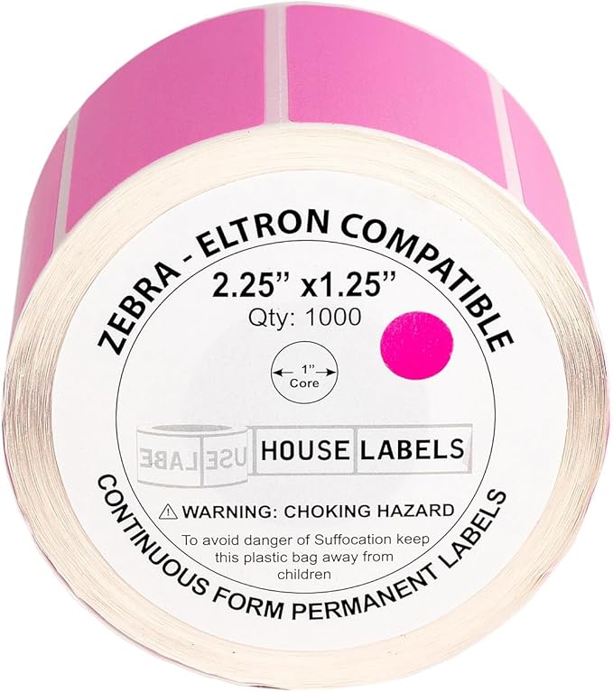 HOUSELABELS 2.25" x 1.25" Pink Address Labels on 1" Core Compatible with Zebra and Rollo Printers, 20 Rolls / 1,000 Labels per Roll