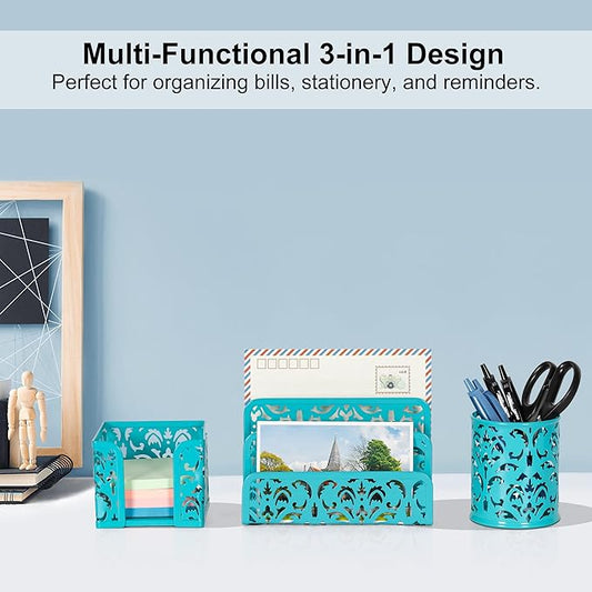EasyPAG Desk Organizers and Accessories 3 Pieces Office Organizer Set - Pen Holder for Desk, Mail Sorter Countertop and Sticky Note Holder, Dark Teal