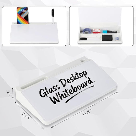 Small Glass Desktop Whiteboard 11.8×7”, Dry Erase Note Memo Board, Desk Organizer with Storage for Desk, Office, School Supplies, White, 2026