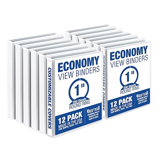 Samsill 1 Inch 3 Ring Binders, Made in USA, Economy Round Ring, Clear View Cover, 200 Sheet Capacity - for School, Home, Office - White, 12 Pack