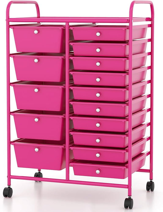 COSTWAY 15-Drawer Rolling Storage Cart, Mobile Utility Cart with Heavy-duty Frame & Lockable Wheels, Multipurpose Storage Organizer for Tools, Paper, Office, School, Hot Pink