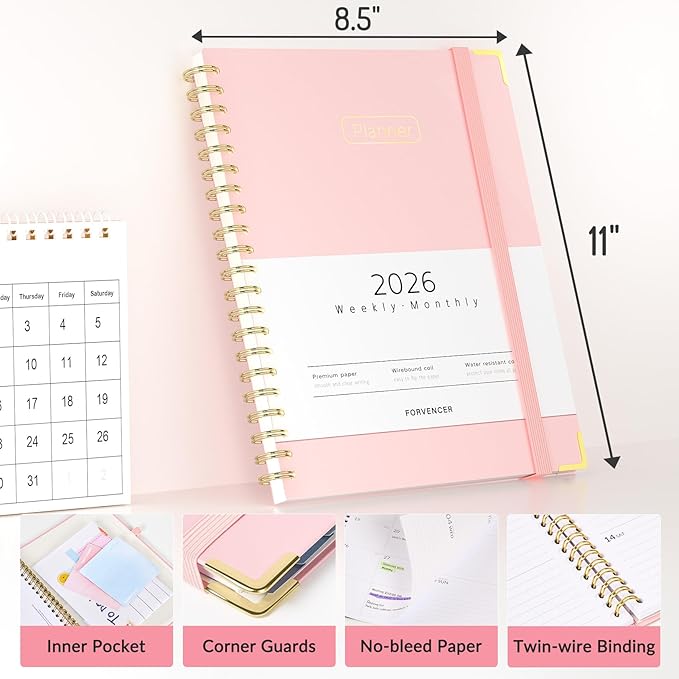 Forvencer 2026 Planner, Hardcover Calendar Planner Weekly and Monthly, Jan 2026 - Dec 2026, 8.5" x 11", Spiral Agenda Book with Tabs, Exquisite Daily Journal Organizer for Home School, Navy Blue