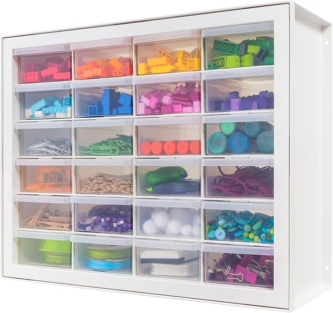 IRIS USA Plastic Drawer Storage Organizer, 24-Drawer Teacher Toolbox Bead Small Parts Organizer Cabinet for Hardware Crafts Nuts Bolts Tools Sticker Home Business Scrapbook Art Hobby Garage - White