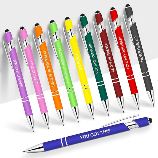 Greengines 10 Pcs Inspirational Pens - Motivational Ballpoint Pens Bulk with quotes Stylus Tip Gifts for School Coworkers Office Supplies Black Ink