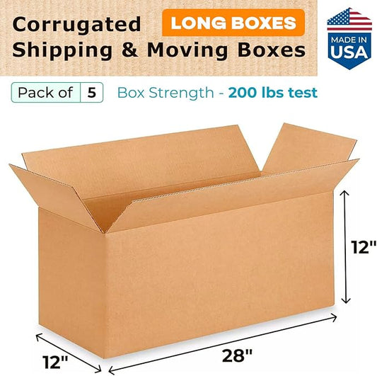 Long Shipping & Moving Boxes 28 x 12 x 12 inches (5-Pack) - Extra Strength 200 lb vs Regular - Corrugated Boxes for Packaging Moving Stuff - Corrugated Packaging Box - Long Box by IDL Packaging