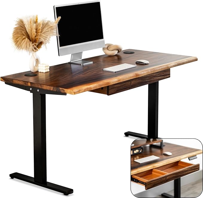 Standing Desk with Drawer – Walnut Solid Wood Desk, Natural Live Edge, Adjustable Height Dual Motor, Sit Stand for Home Office (Black, W48 x D27)