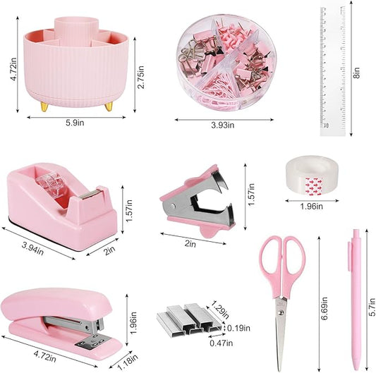 Gawsey Desk Organizers and Accessories Set with 360-Degree Rotating Pen Holder, Tape Dispenser, Stapler, Staple Remover, 1000 Staples, Tape, Clips Set, Ruler, Scissor, Pen