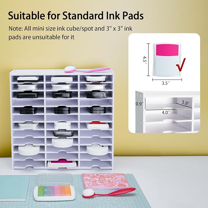 Krafetto 36 Grids Ink Pad Storage Rack, Wall-mountable Stamp Pad Organizer Holder Compatible with Standard Size Ink Pads（Grid Size 4.1" W × 3.9" D × 0.9" H）