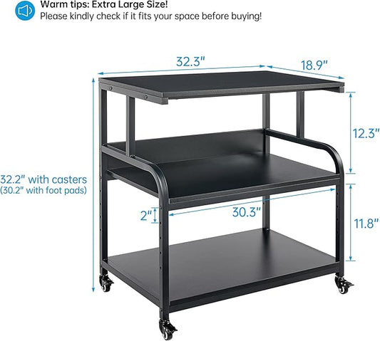 Fannova 32.3" x 18.9" Extra Large Printer Stand Table with Adjustable Storage Shelf, 3 Tier Rolling Printer Cart with Industrial Wheels for Home Office, Black