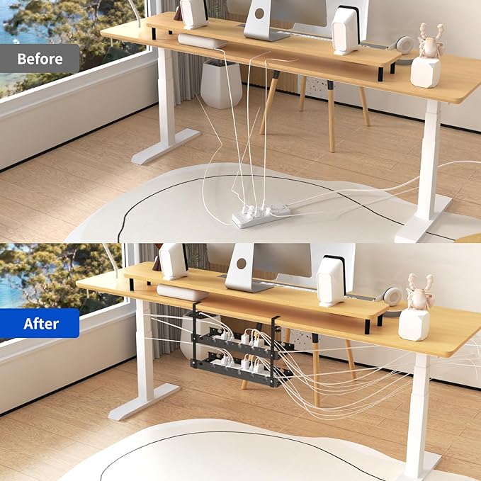 WIGAKDRU 31Inch Extendable Under Desk Cable Management Tray Multi-Model Metal Cable Management Tray Under Desk Cord Management with Clamp Power Strip Cord Holder for Wire Cable Management