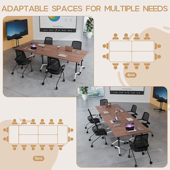 Folding Conference Table 4ft 5ft, Foldable Office Meeting Desk for 6 People, Multiple Sizes Colors Mobile Conference Room Table for Training Room School Business Furniture (2, Walnut, 47in)